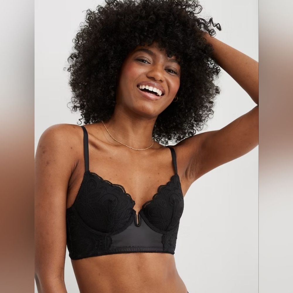 NWT Aerie Rooftup Black Lace And Satin Plunge Bra 40C